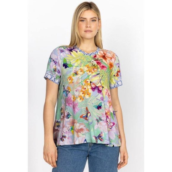 Johnny Was Cozumel Favorite Swing Tee Shirt Floral Butterfly Top Violet Green NW - Picture 10 of 16